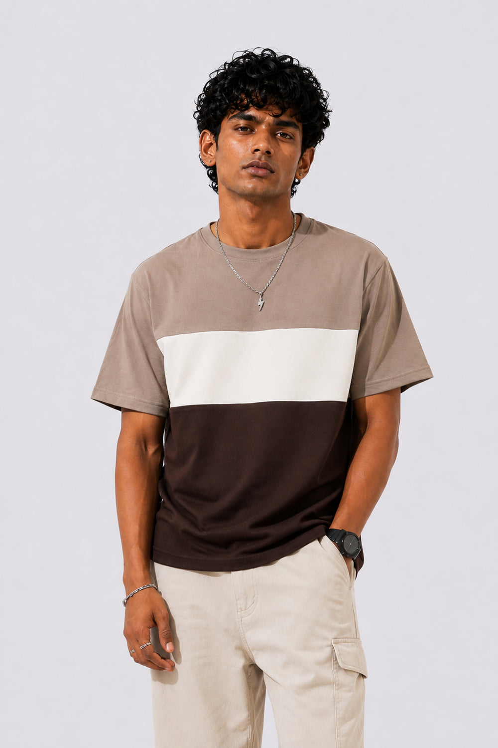 Mens Regular Fit Brown Colourblocked T-Shirt - Image 1