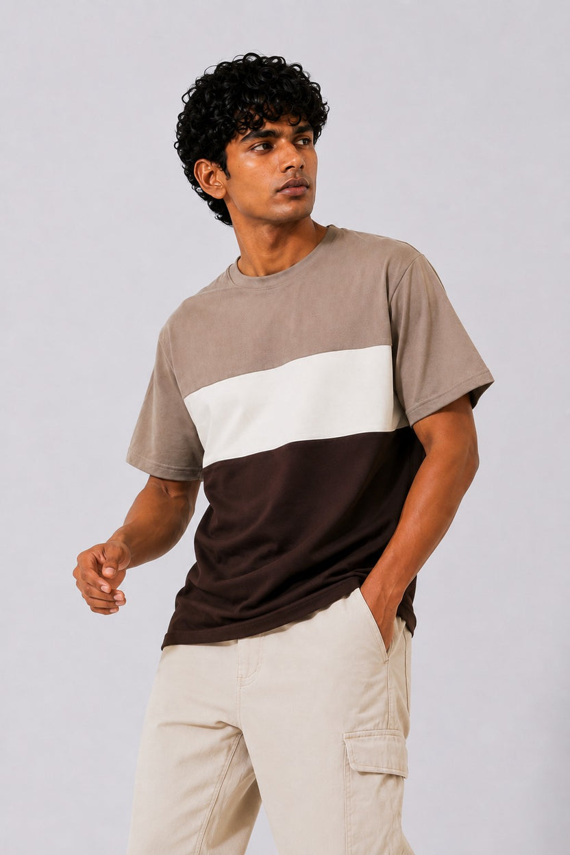 Mens Regular Fit Brown Colourblocked T-Shirt - Image 2