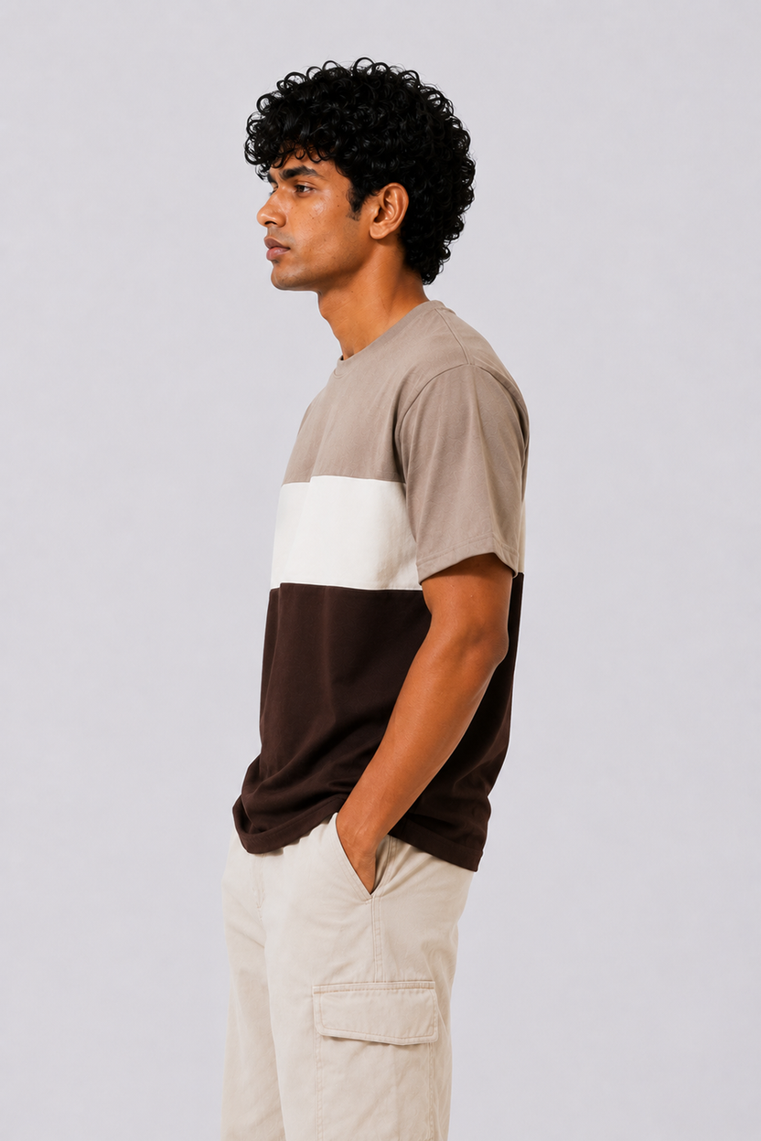 Mens Regular Fit Brown Colourblocked T-Shirt - Image 4