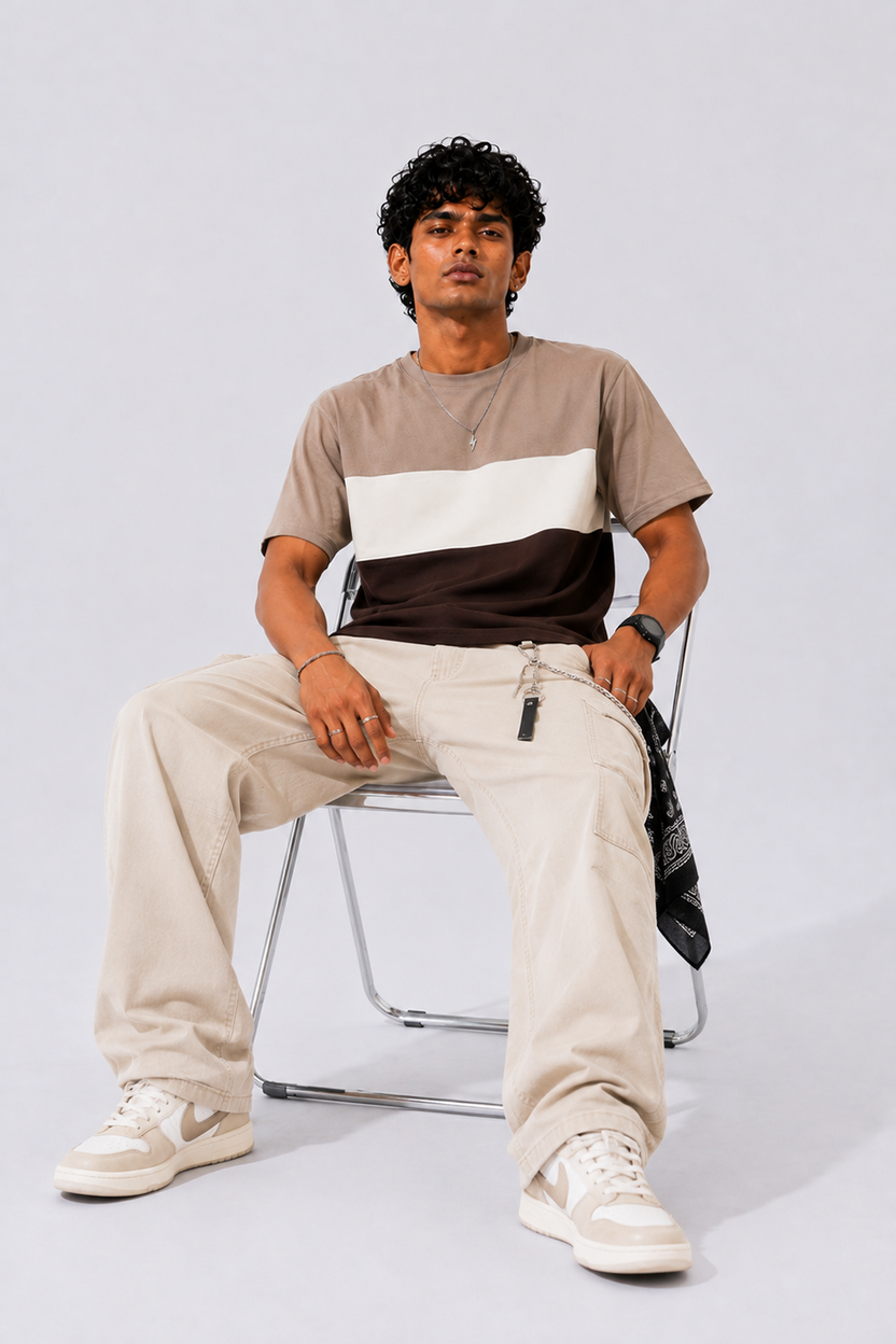 Mens Regular Fit Brown Colourblocked T-Shirt - Image 6