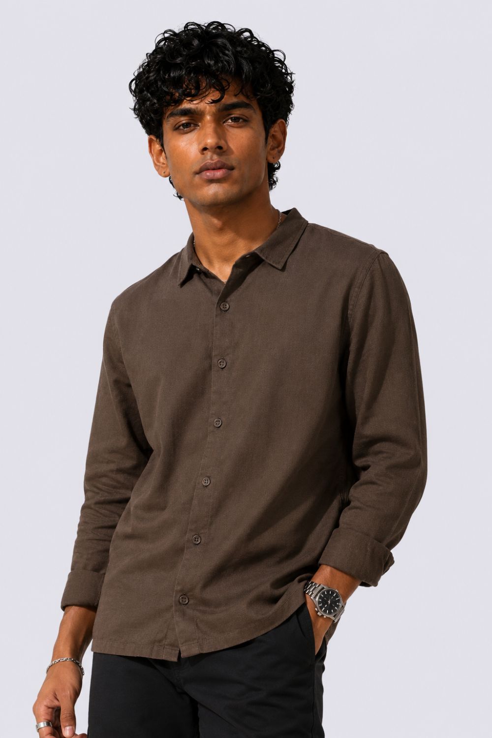 Mens Regular Fit Brown Cotton Shirt - Image 1
