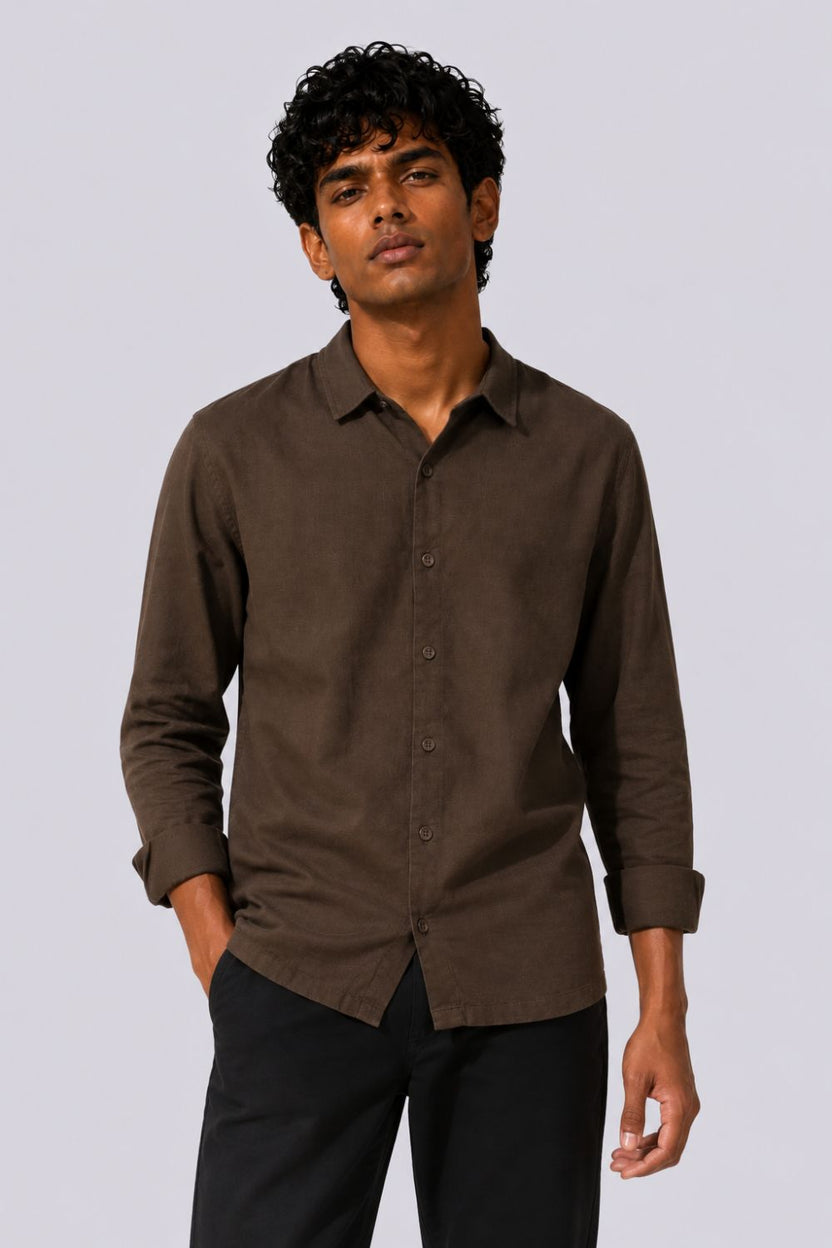 Mens Regular Fit Brown Cotton Shirt - Image 2