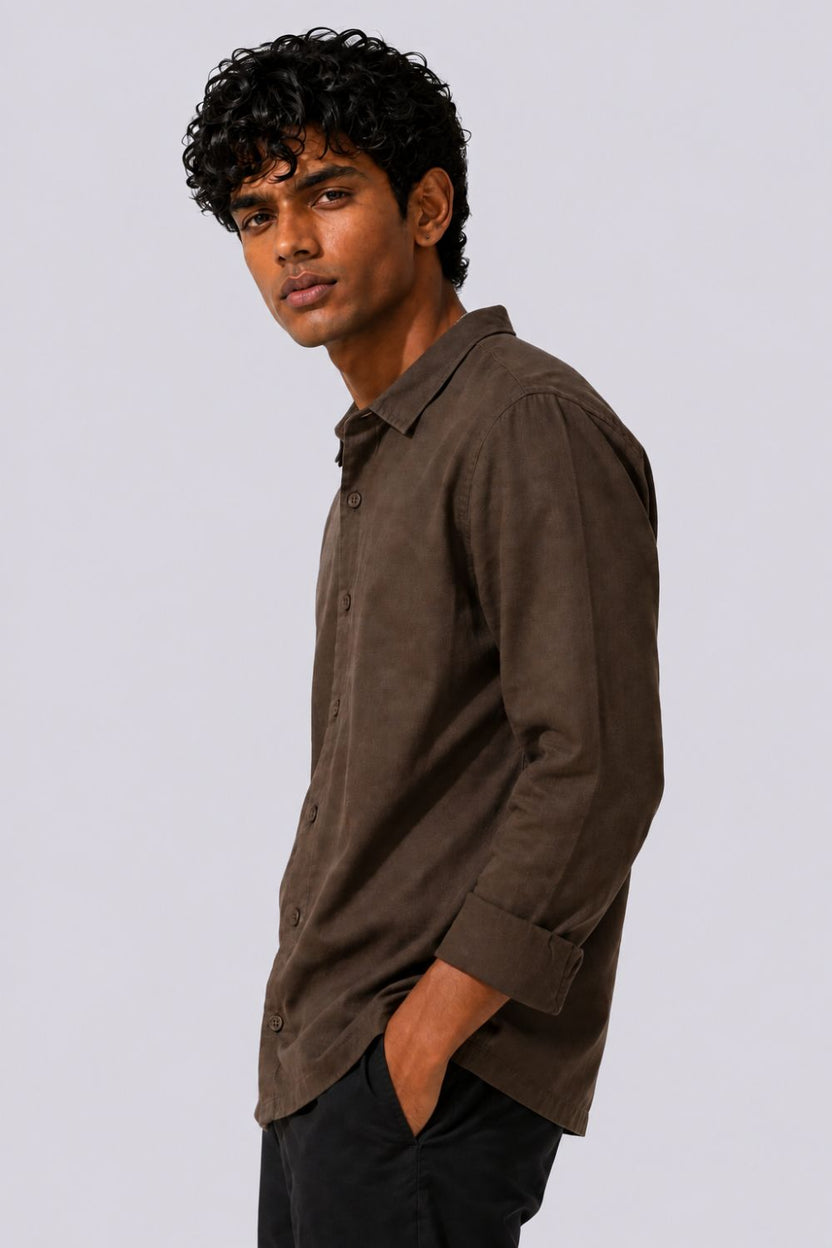 Mens Regular Fit Brown Cotton Shirt - Image 4