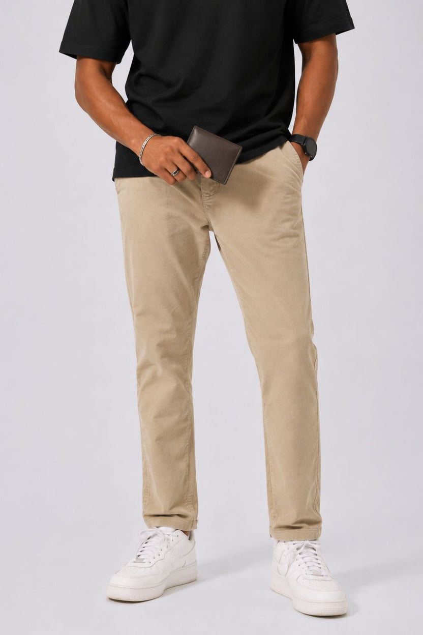 Mens Slim Fit Beige Solid Trouser - Image 1