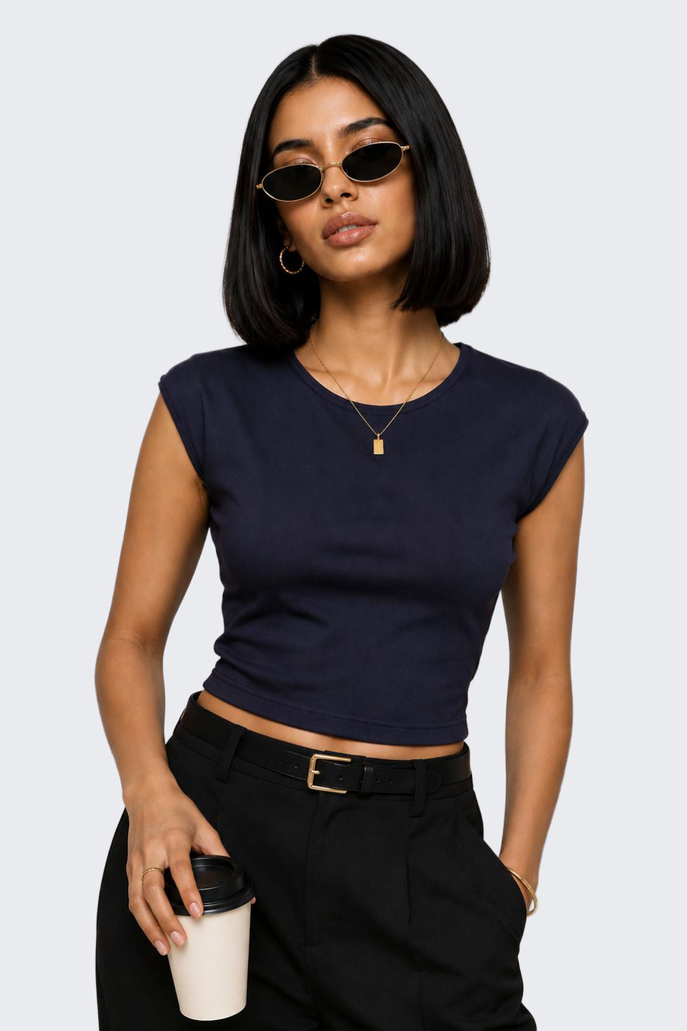 Womens Slim Fit Navy Crop T-Shirt - Image 1