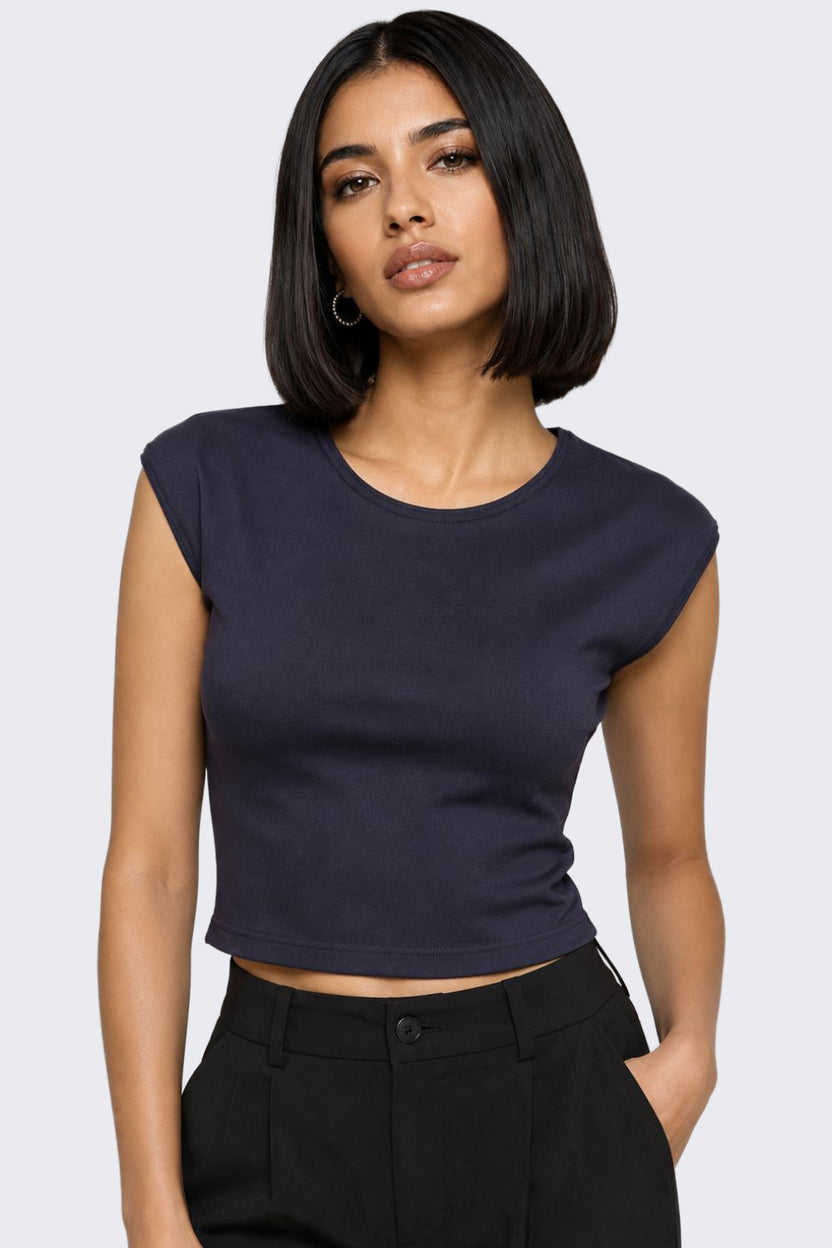 Womens Slim Fit Navy Crop T-Shirt - Image 2