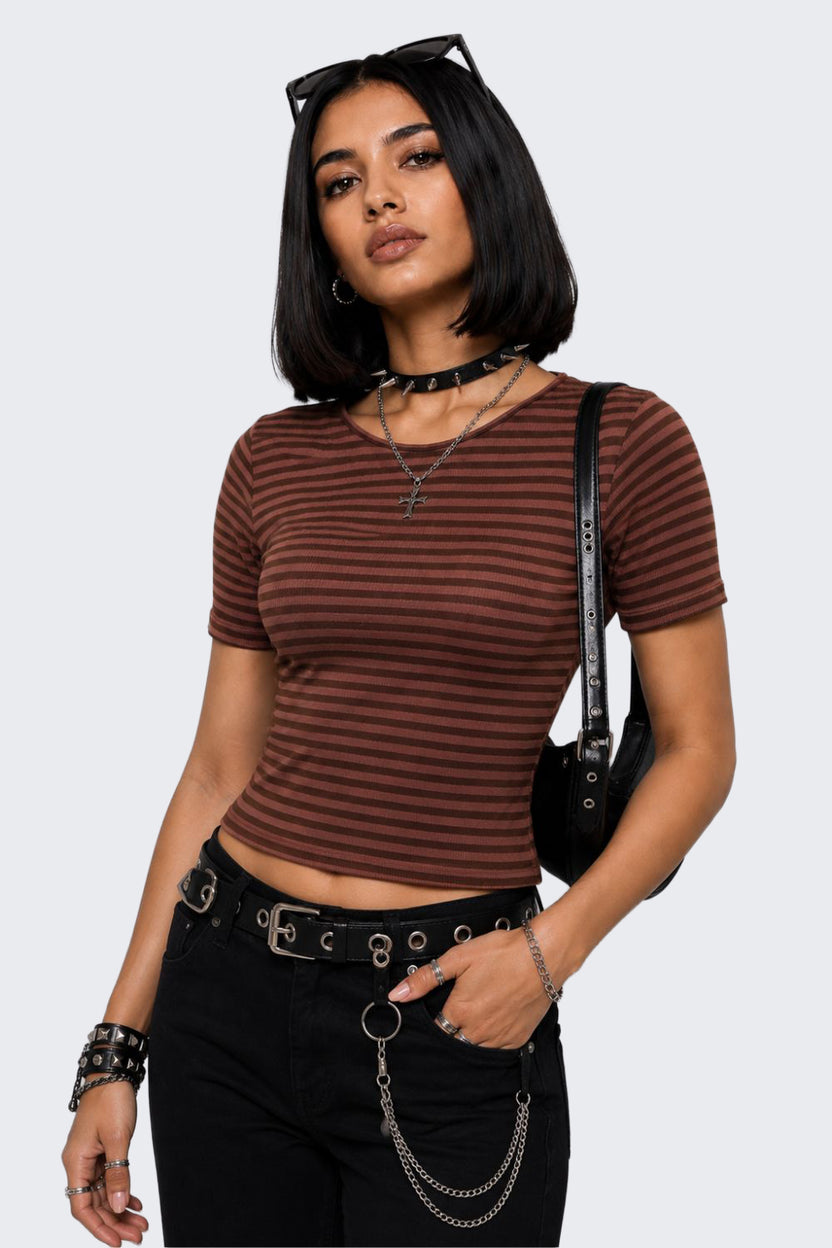 Womens Slim Fit Brown Striped Top - Image 1