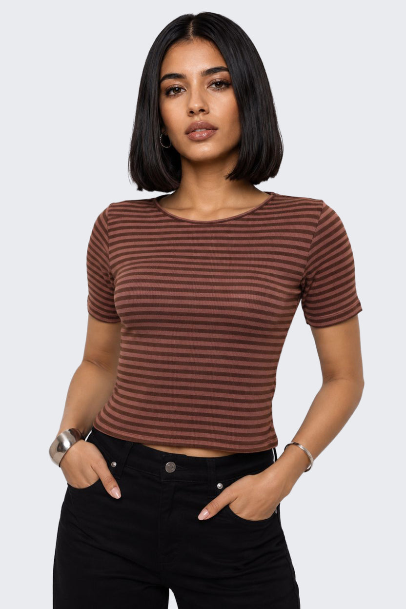 Womens Slim Fit Brown Striped Top - Image 2