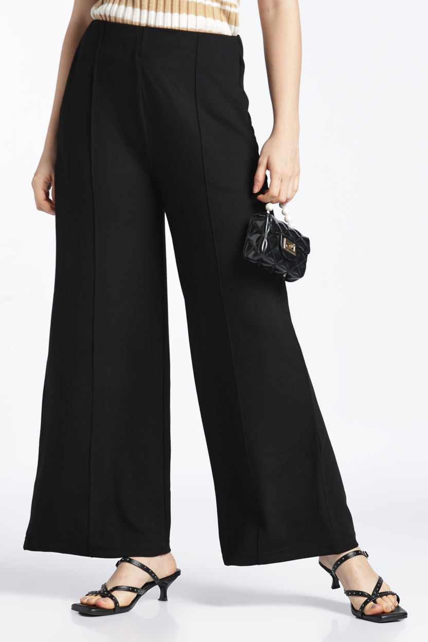 Womens Wide Leg Fit Black Solid Trouser - Image 1