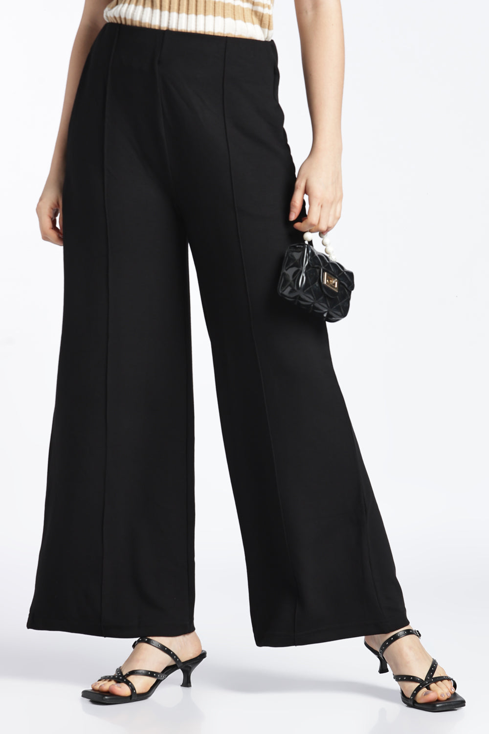 Womens Wide Leg Fit Black Solid Trouser - Image 1
