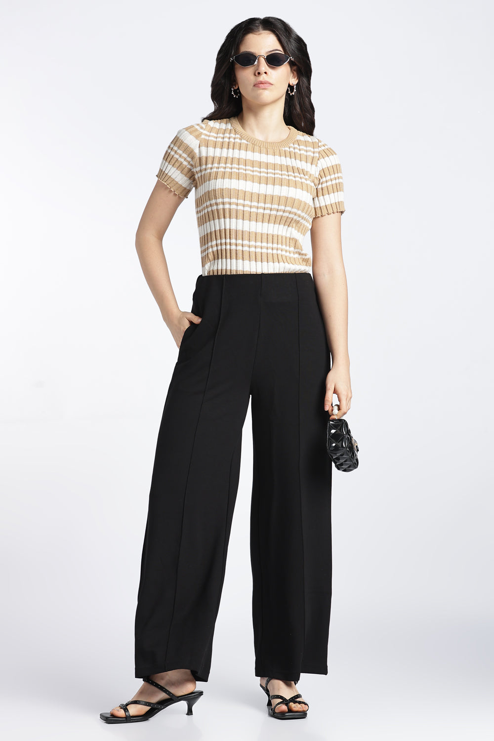 Womens Wide Leg Fit Black Solid Trouser - Image 6