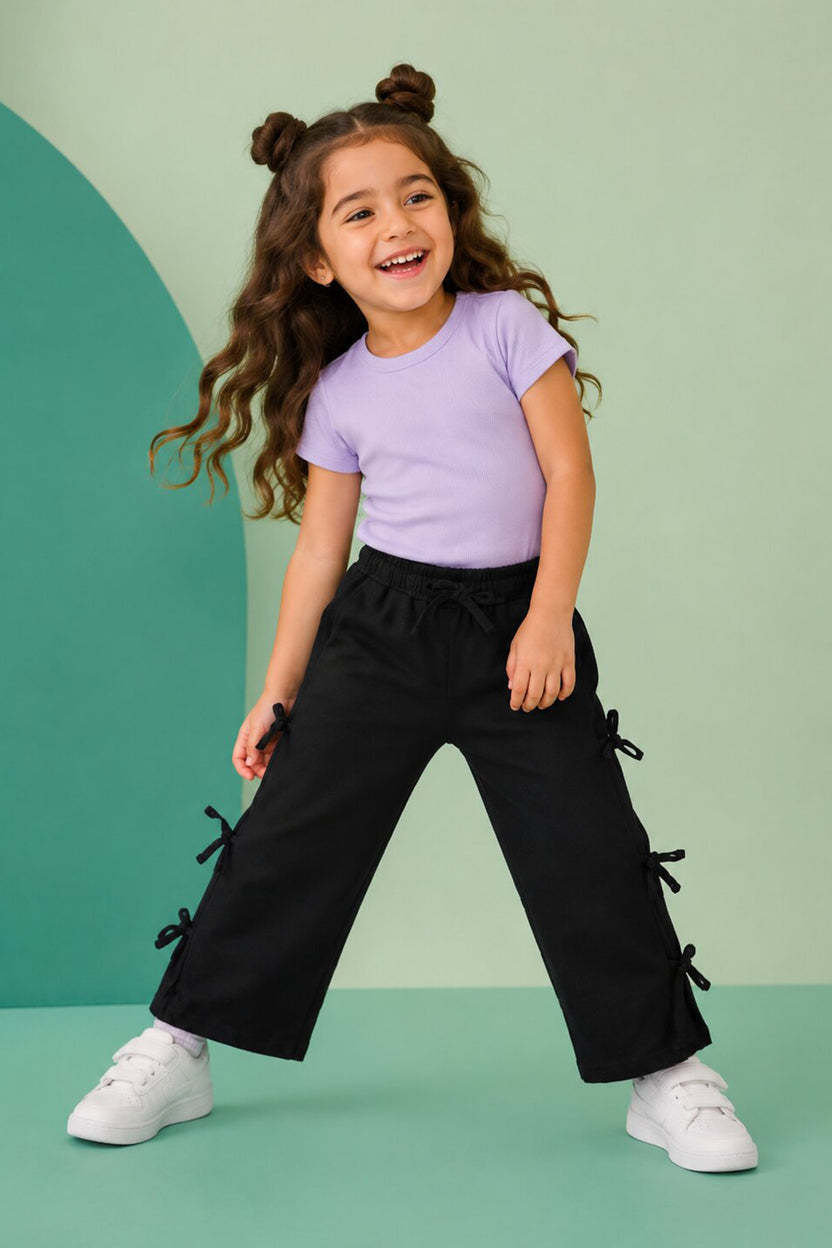 Girls Wide Leg Fit Black Solid Track Pant - Image 1