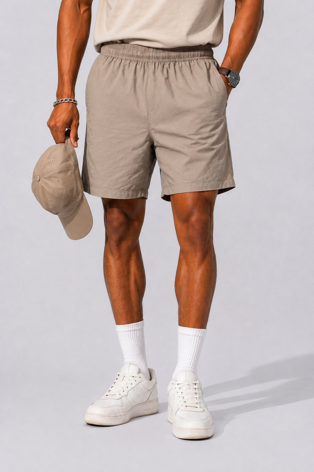 Mens Regular Fit Beige Solid Shorts - Image 1