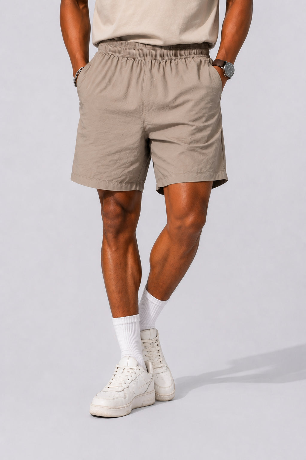 Mens Regular Fit Beige Solid Shorts - Image 2