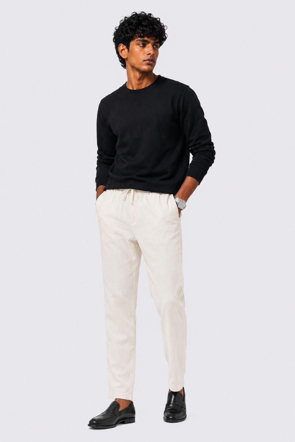 Mens Regular Fit Cream Solid Trouser - Image 6