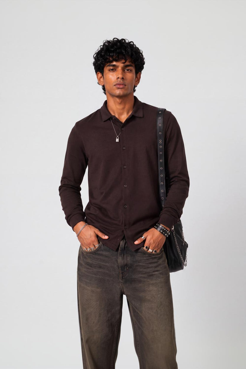 Mens Regular Fit Brown Solid Shirt - Image 1