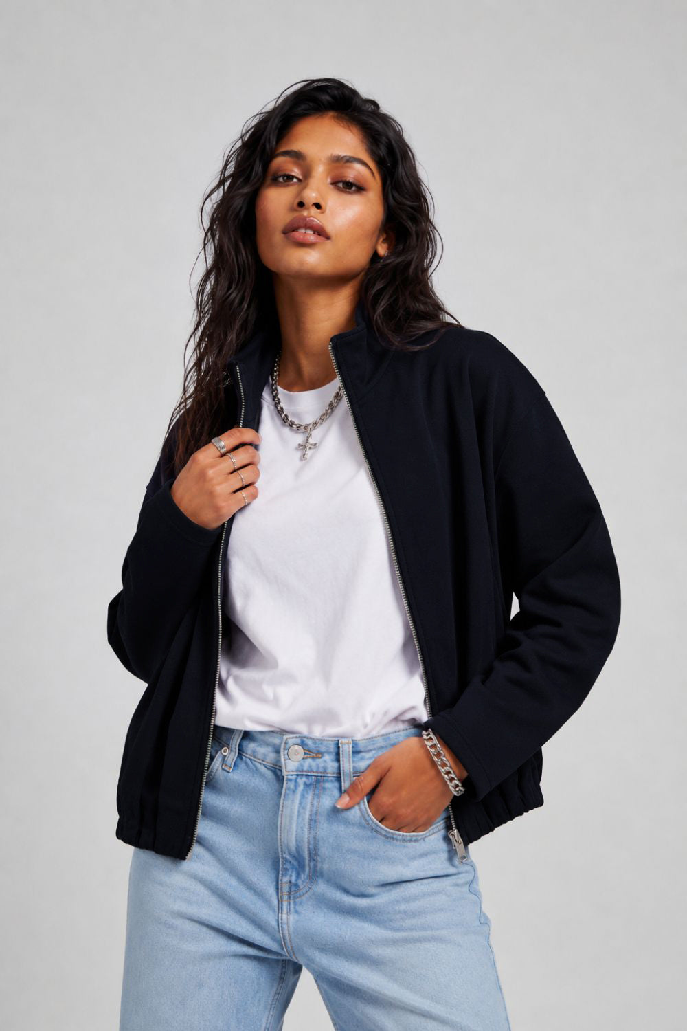 Womens Regular Fit Navy Solid Jacket - Image 1