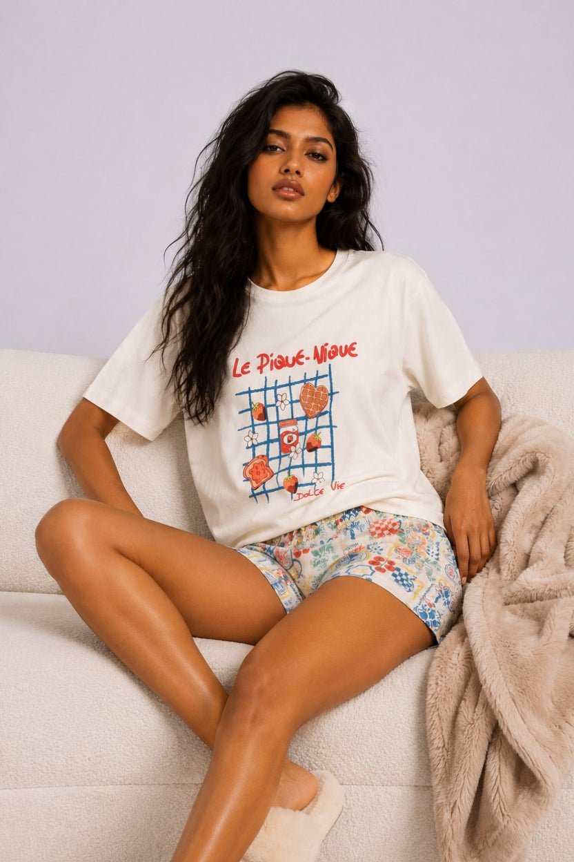 Womens Regular Fit White Graphic Printed Shorts Night Suit - Image 1