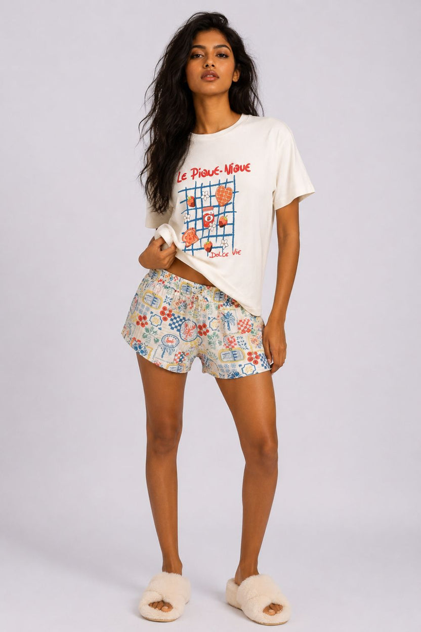 Womens Regular Fit White Graphic Printed Shorts Night Suit - Image 2