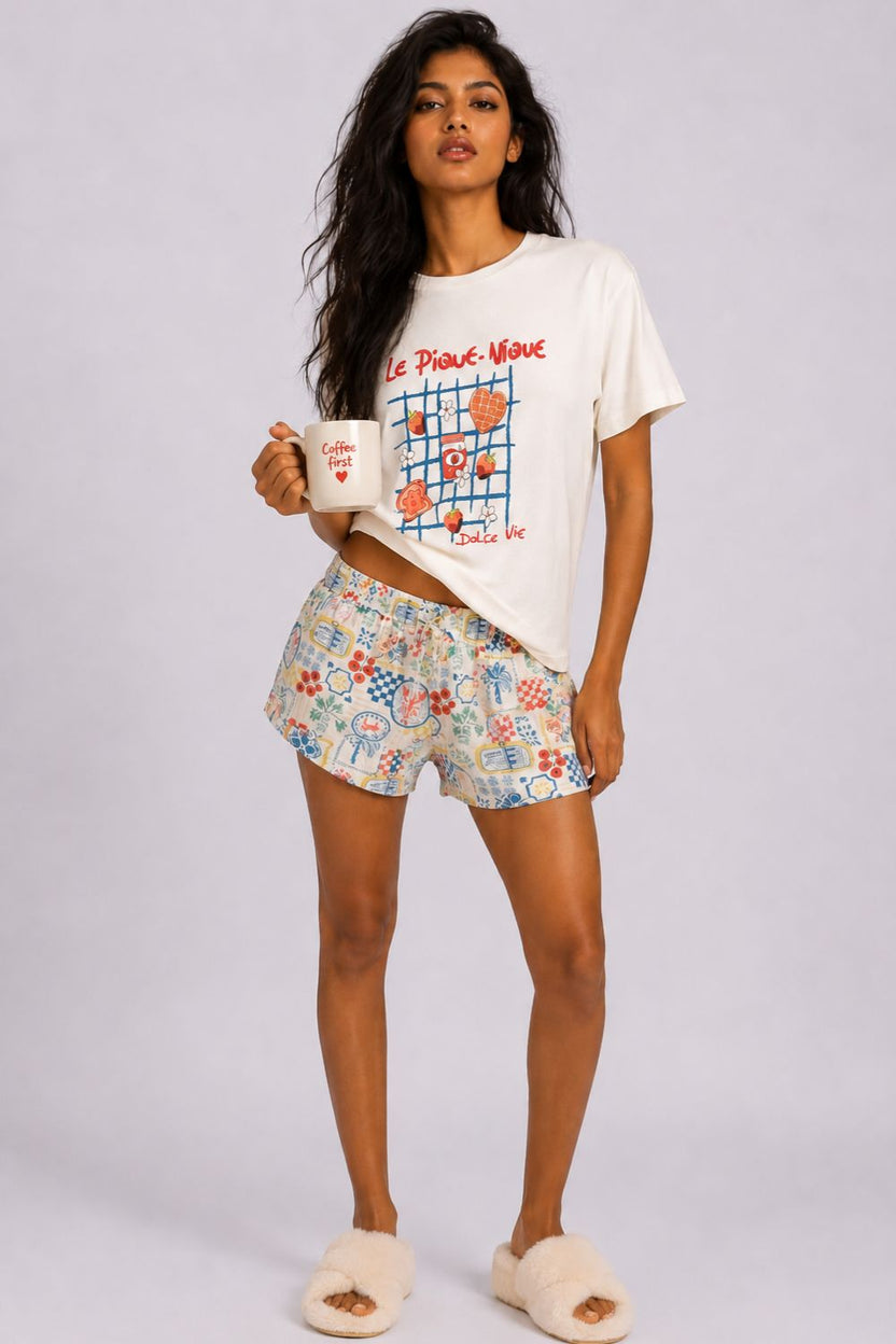 Womens Regular Fit White Graphic Printed Shorts Night Suit - Image 6