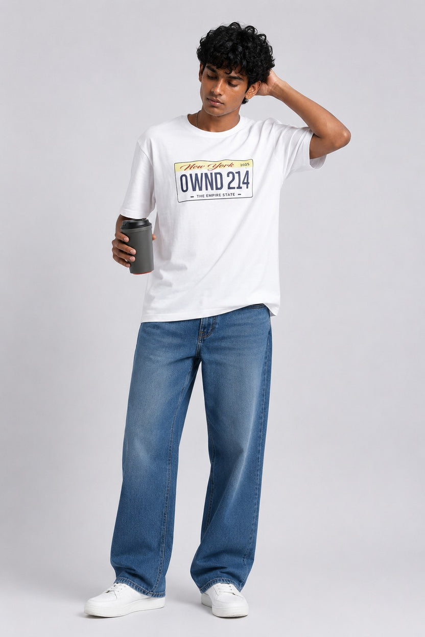 Mens Relaxed Fit White Logo Printed T-Shirt - Image 6