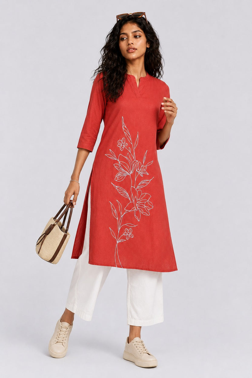 Womens Regular Fit Red Floral Embroidered Kurta - Image 1