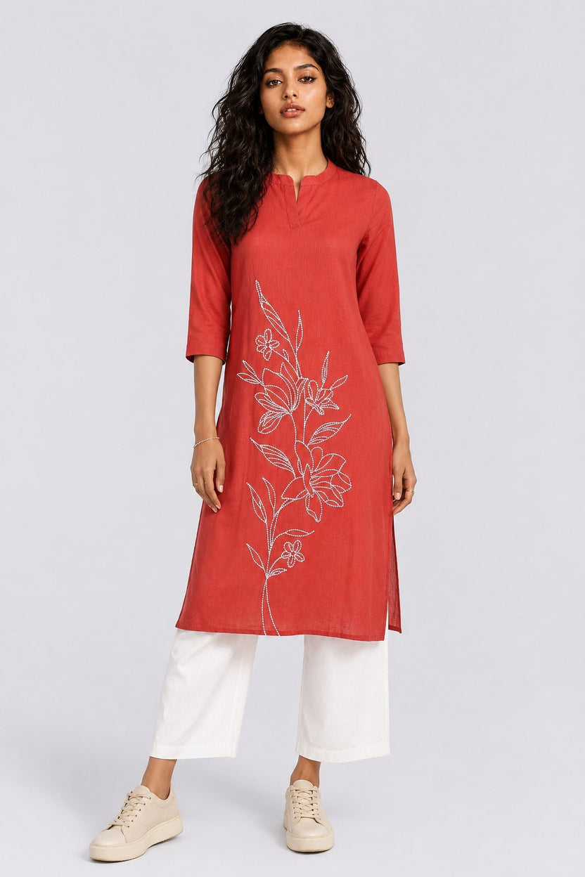 Womens Regular Fit Red Floral Embroidered Kurta - Image 2