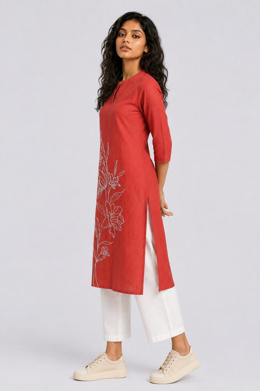 Womens Regular Fit Red Floral Embroidered Kurta - Image 4
