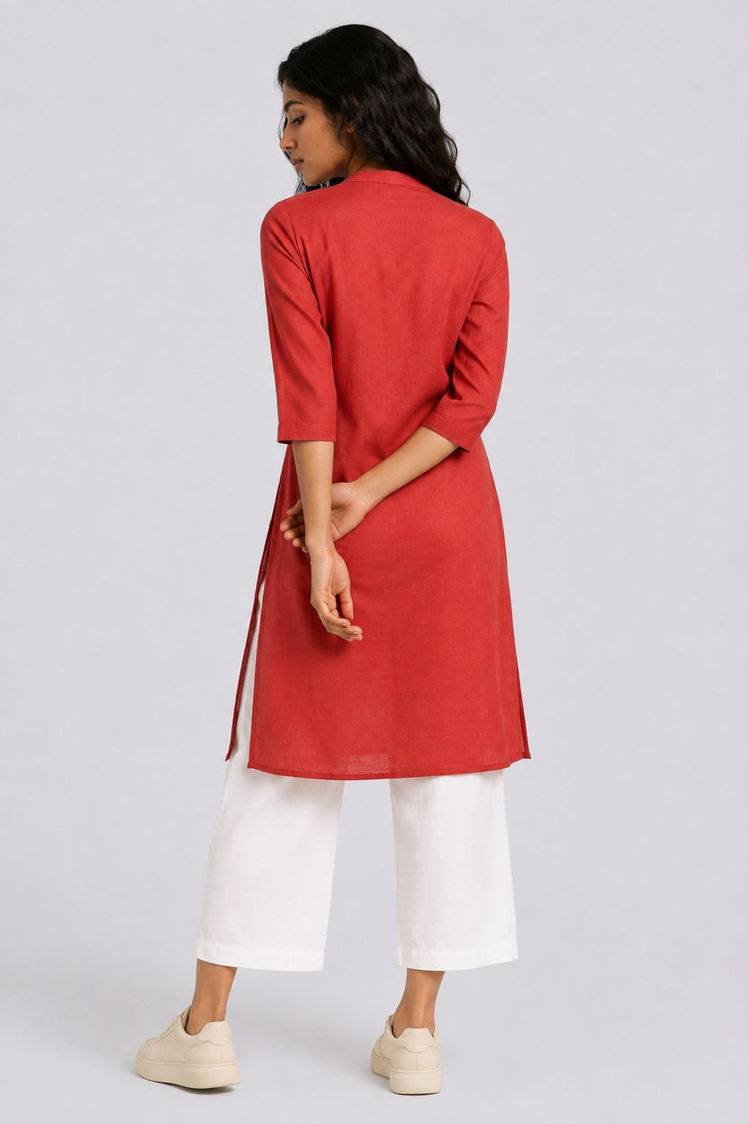 Womens Regular Fit Red Floral Embroidered Kurta - Image 5