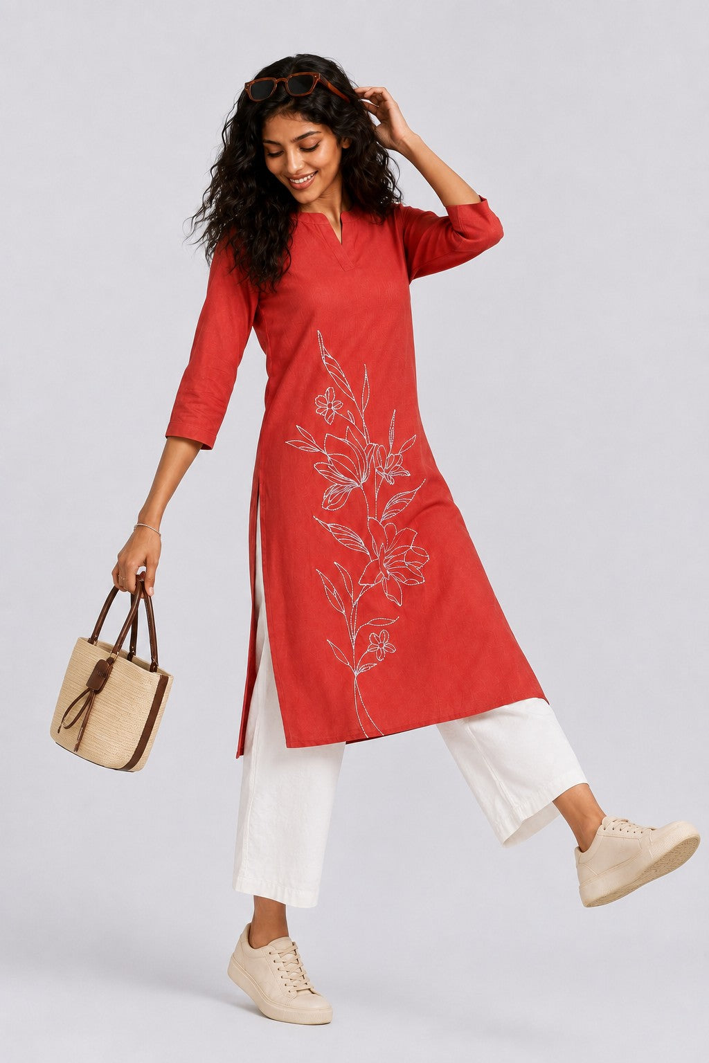 Womens Regular Fit Red Floral Embroidered Kurta - Image 6