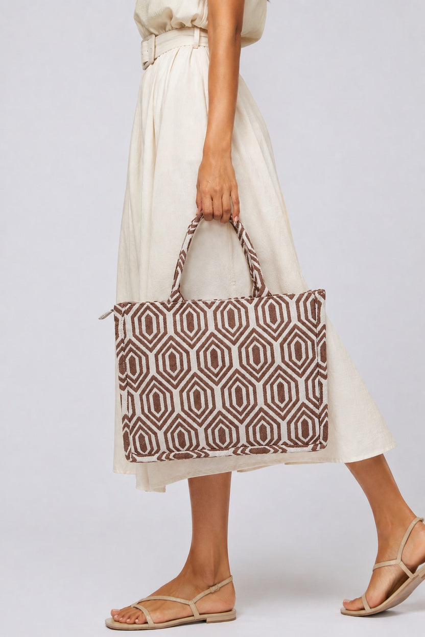Women Beige Geometric Tote Bag - Image 1