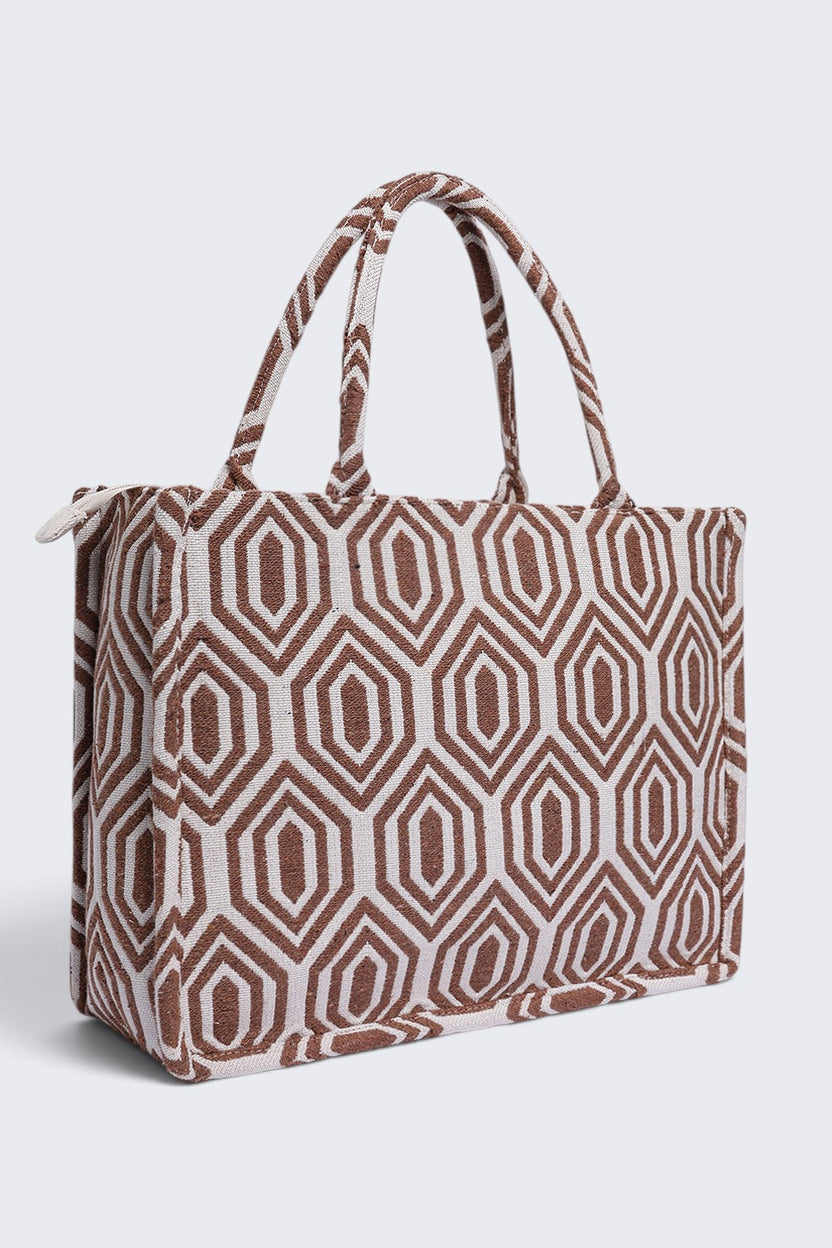 Women Beige Geometric Tote Bag - Image 3