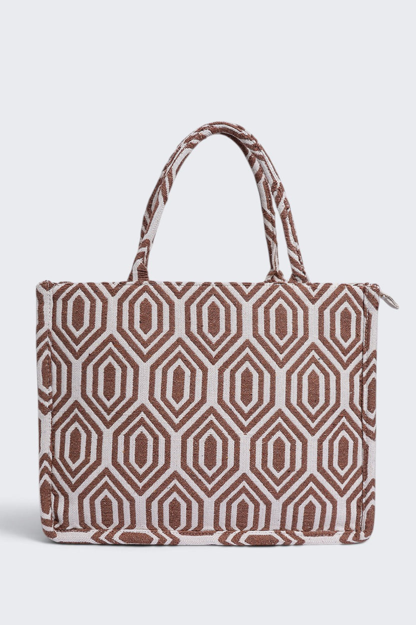 Women Beige Geometric Tote Bag - Image 6