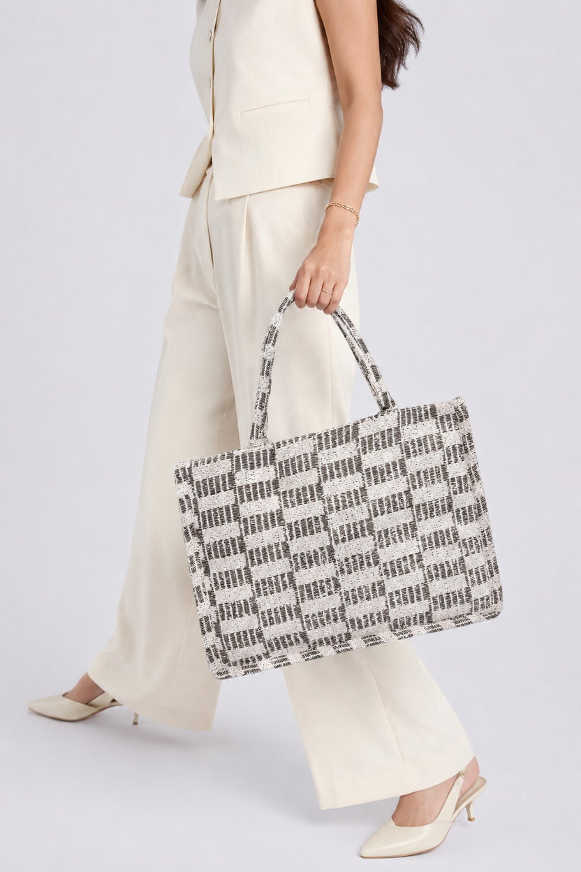Women Cream Checked Tote Bag - Image 1