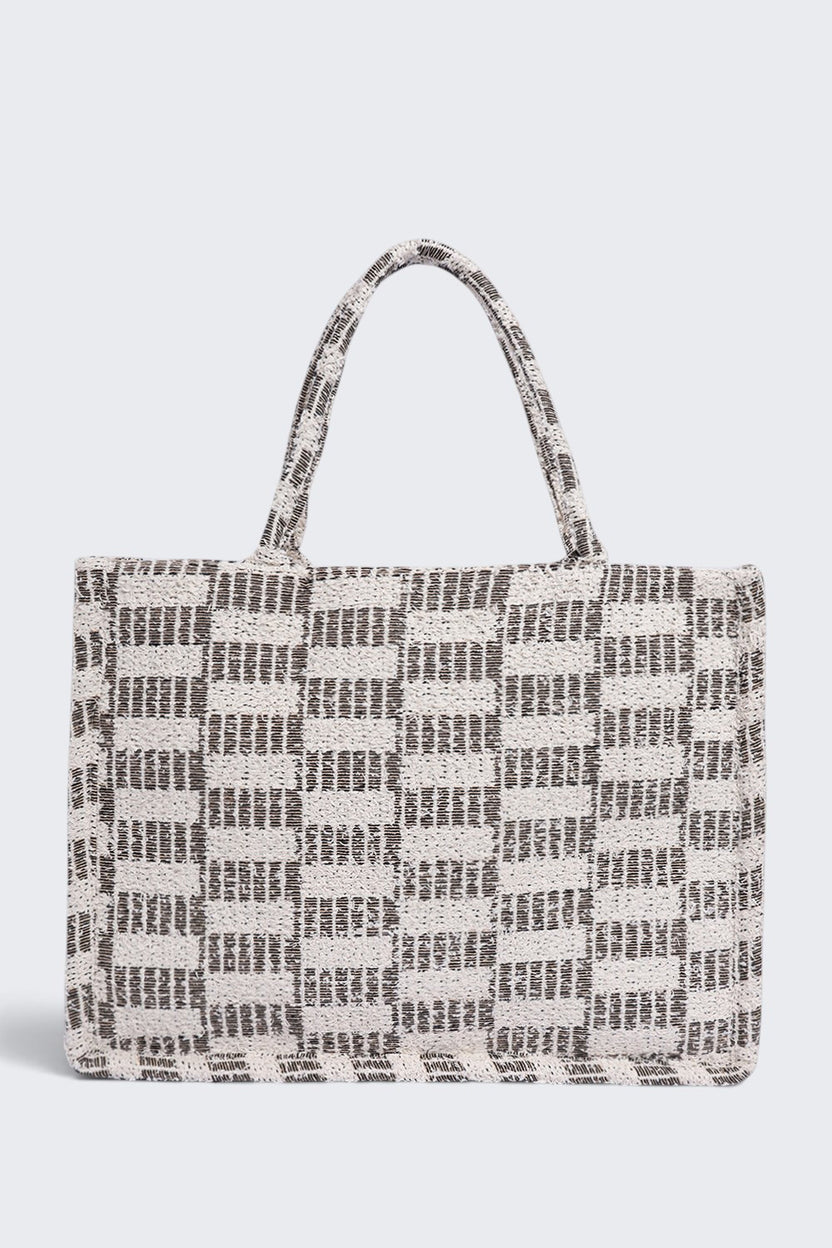 Women Cream Checked Tote Bag - Image 2