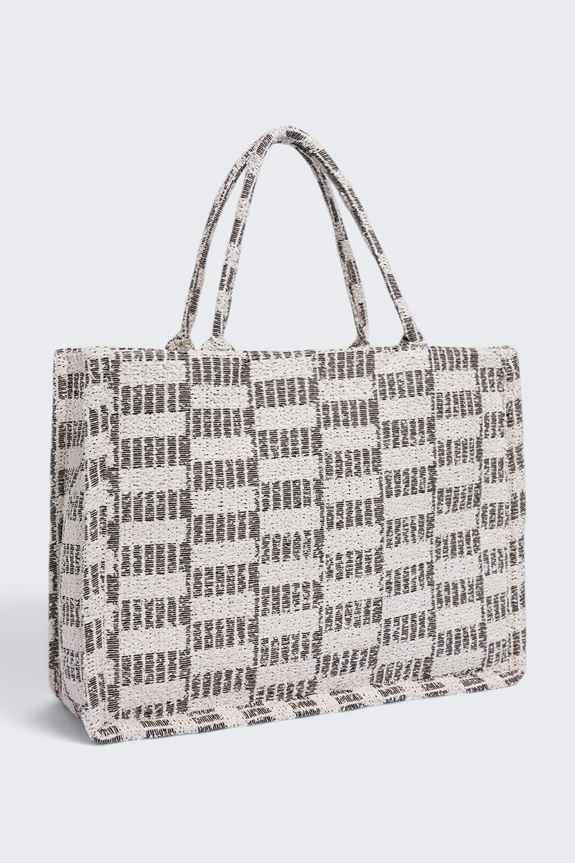 Women Cream Checked Tote Bag - Image 3