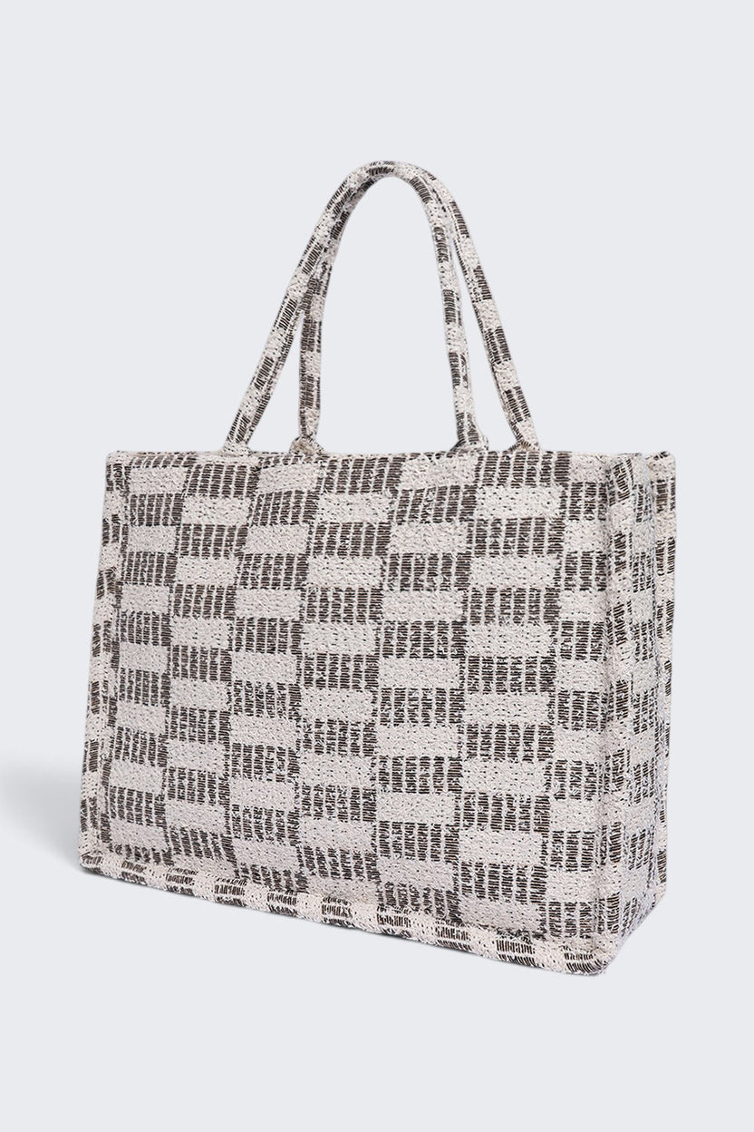 Women Cream Checked Tote Bag - Image 4