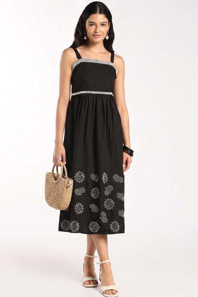 Womens Flared Black Embroidered Midi Dress - Image 1