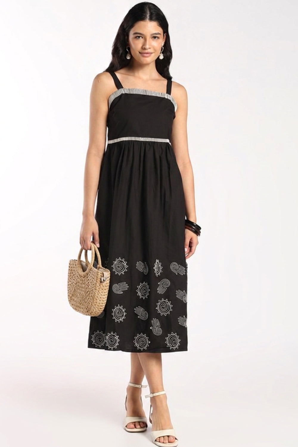 Womens Flared Black Embroidered Midi Dress - Image 1
