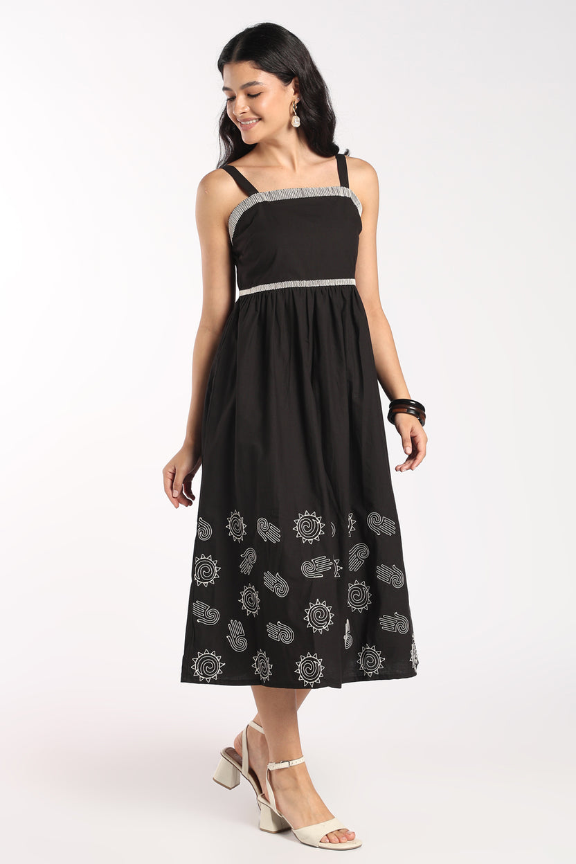 Womens Flared Black Embroidered Midi Dress - Image 2