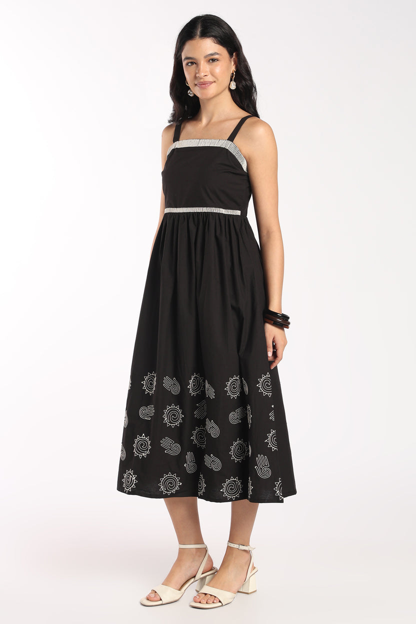 Womens Flared Black Embroidered Midi Dress - Image 4