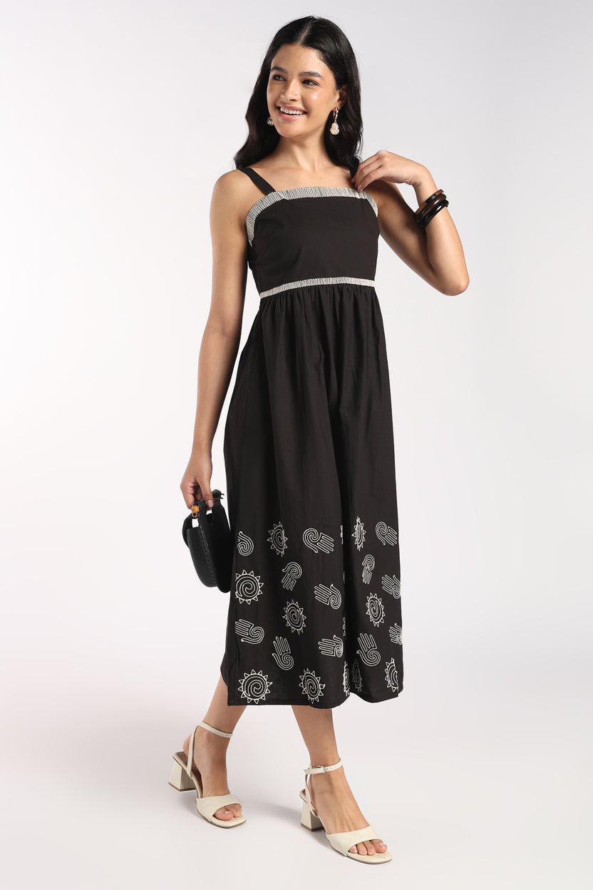 Womens Flared Black Embroidered Midi Dress - Image 6