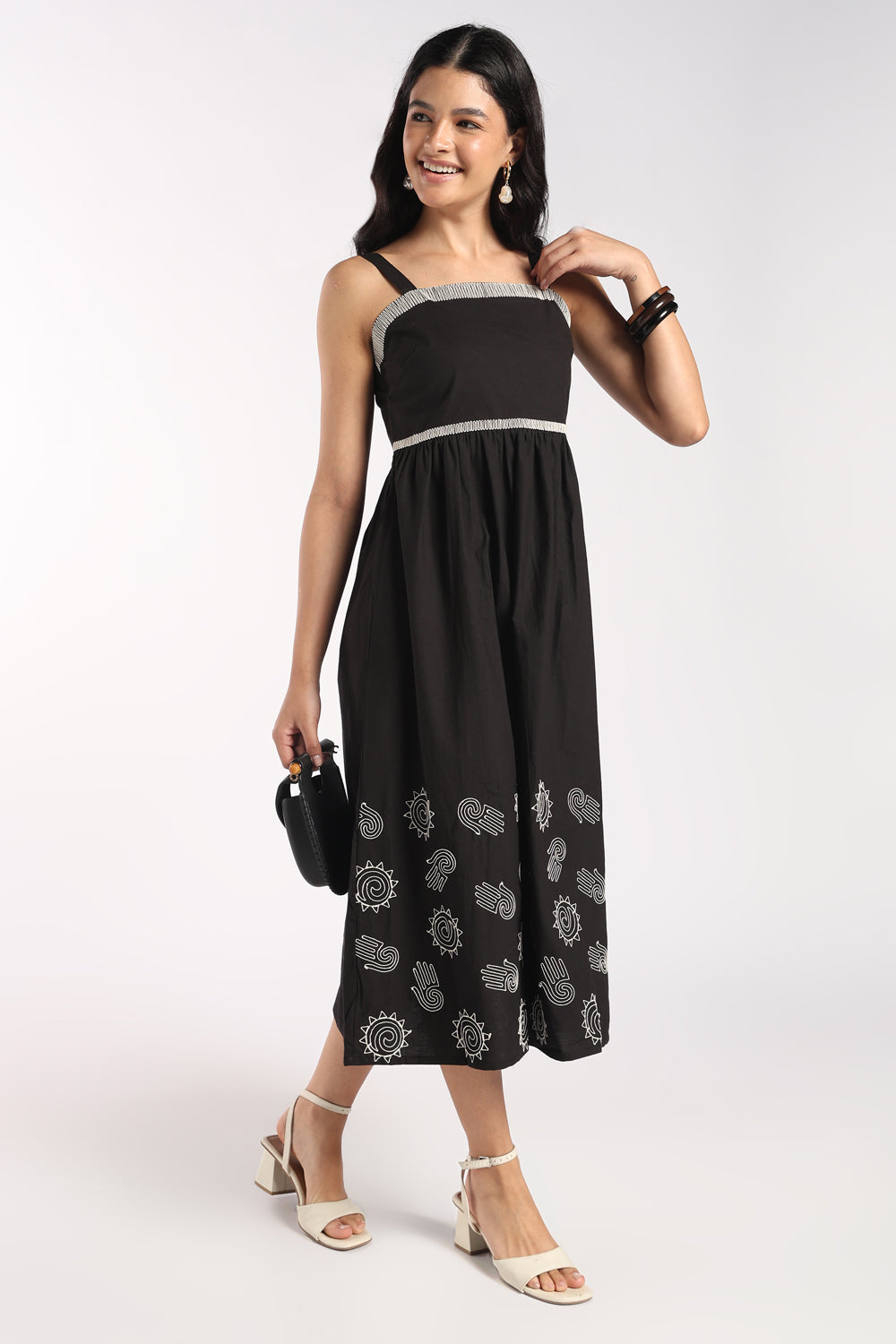 Womens Flared Black Embroidered Midi Dress - Image 6
