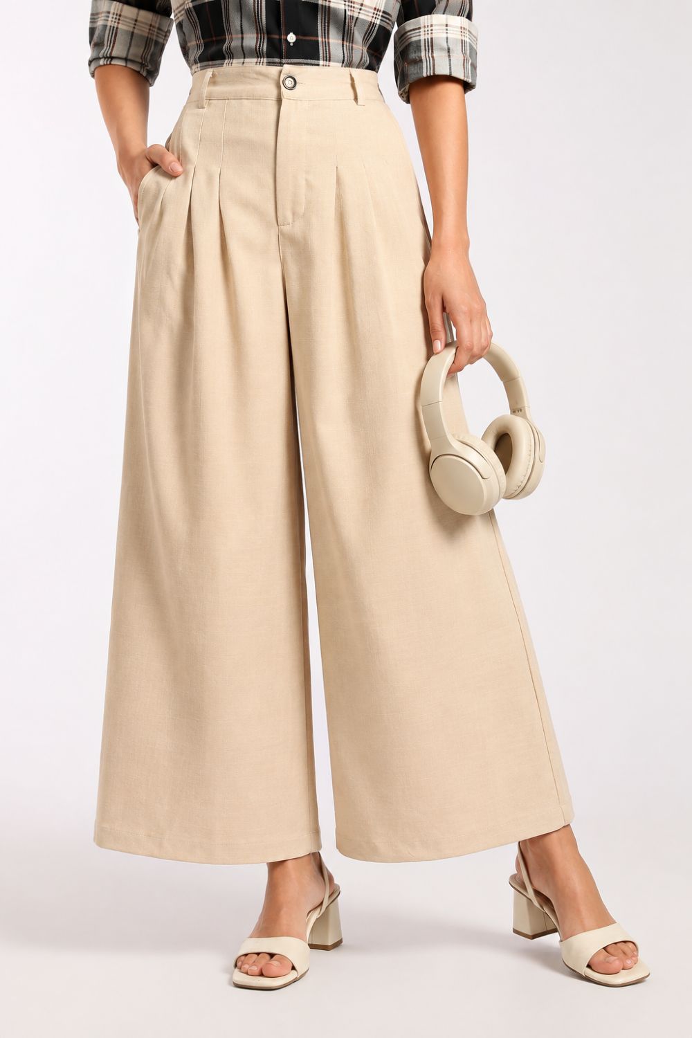 Womens Wide Leg Fit Beige Solid Pant - Image 1