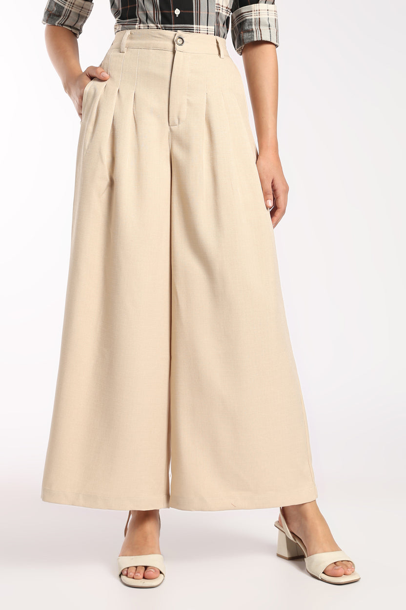 Womens Wide Leg Fit Beige Solid Pant - Image 2