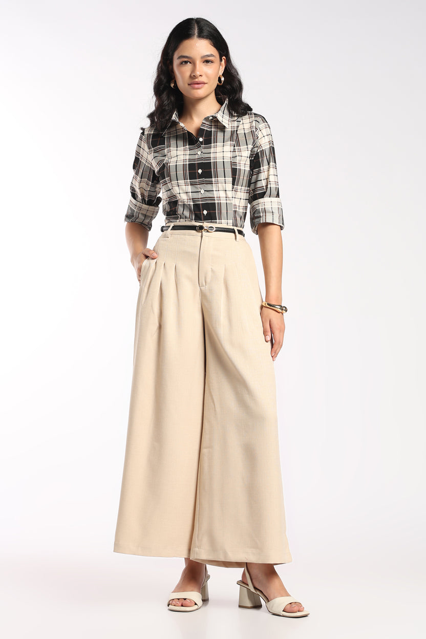 Womens Wide Leg Fit Beige Solid Pant - Image 6