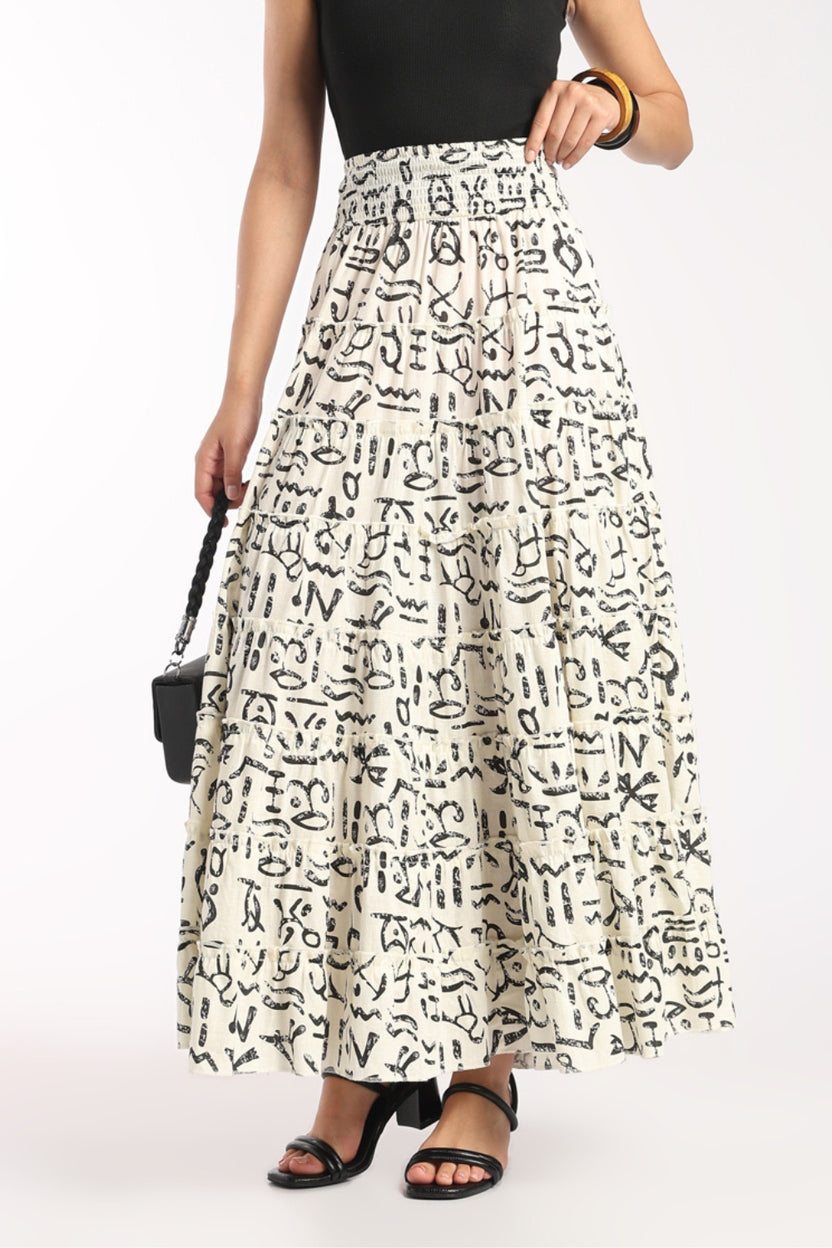 Womens Flared Off White Abstract Print Tiered Skirt - Image 1