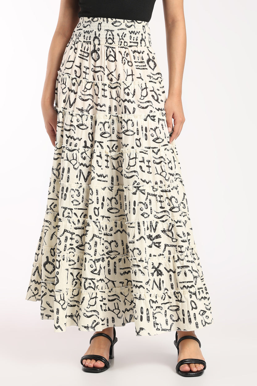 Womens Flared Off White Abstract Print Tiered Skirt - Image 2