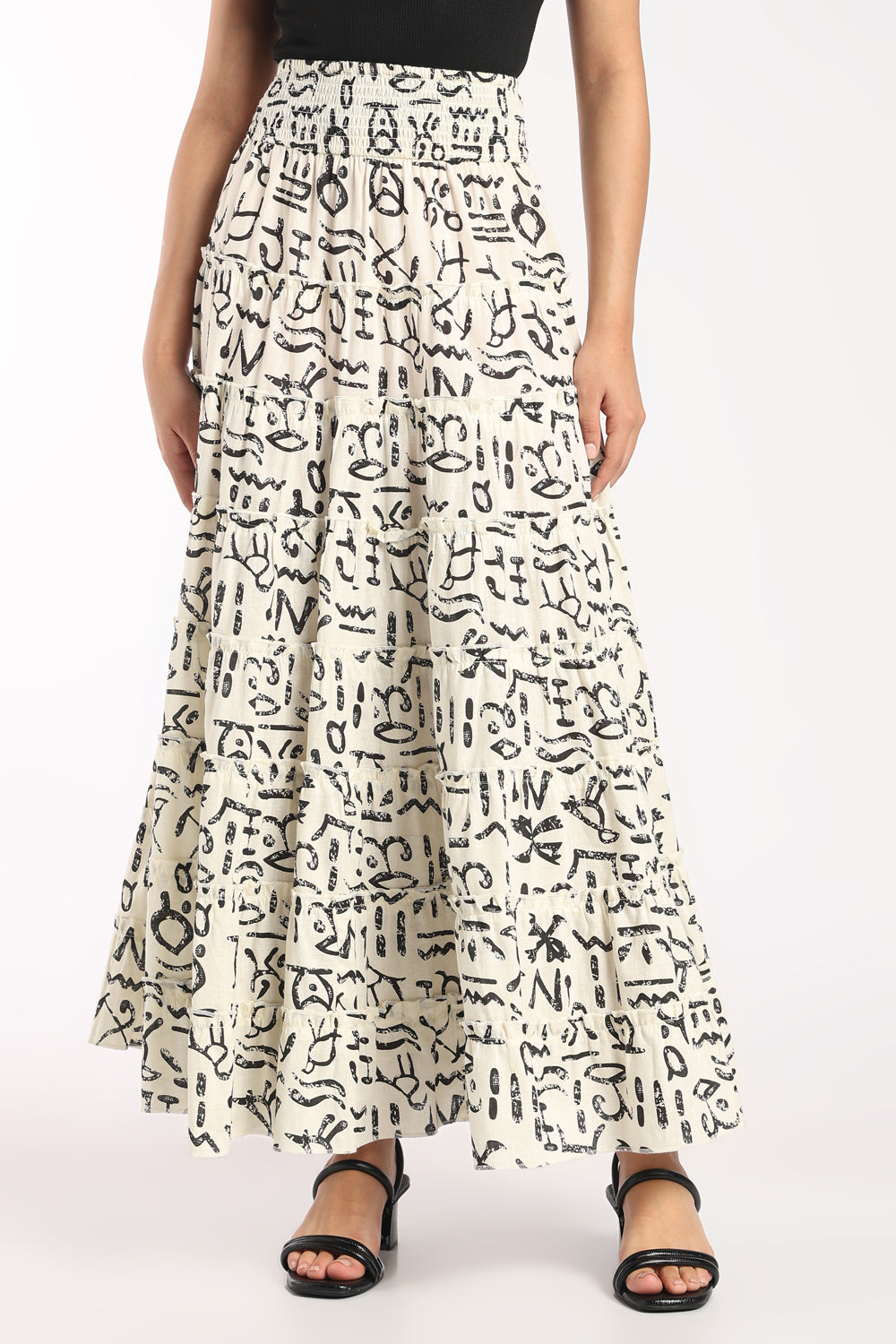 Womens Flared Off White Abstract Print Tiered Skirt - Image 2