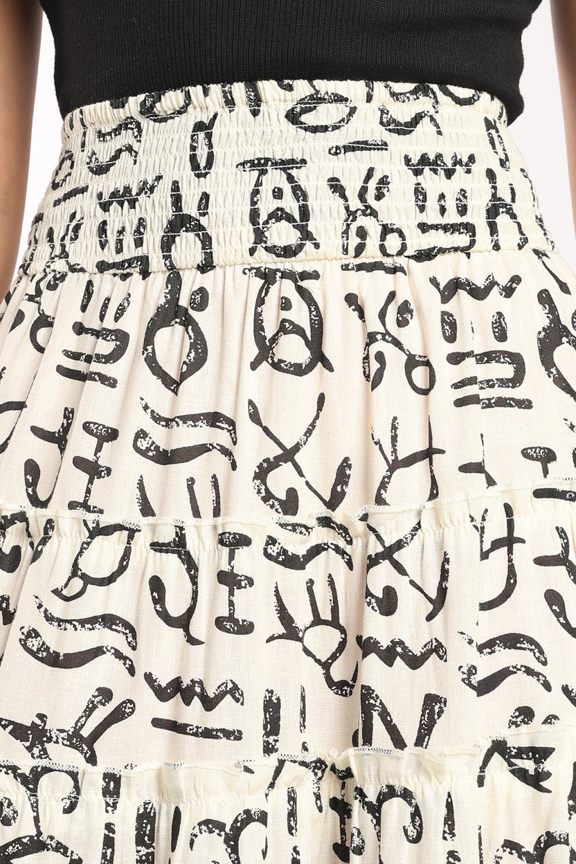 Womens Flared Off White Abstract Print Tiered Skirt - Image 3
